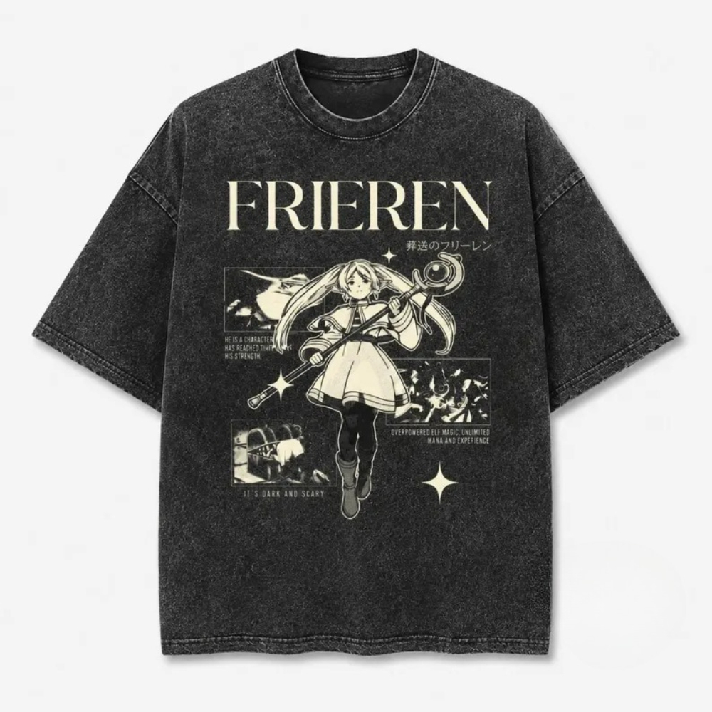 Acid Wash Vintage Graphic T Shirt - Camiseta Oversized Vintage Frieren Anime com