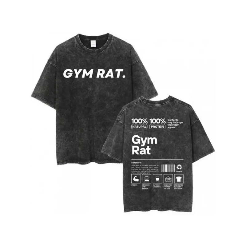 Acid Wash Vintage Graphic T Shirt - Camiseta Vintage Gym Rat, corte folgado,