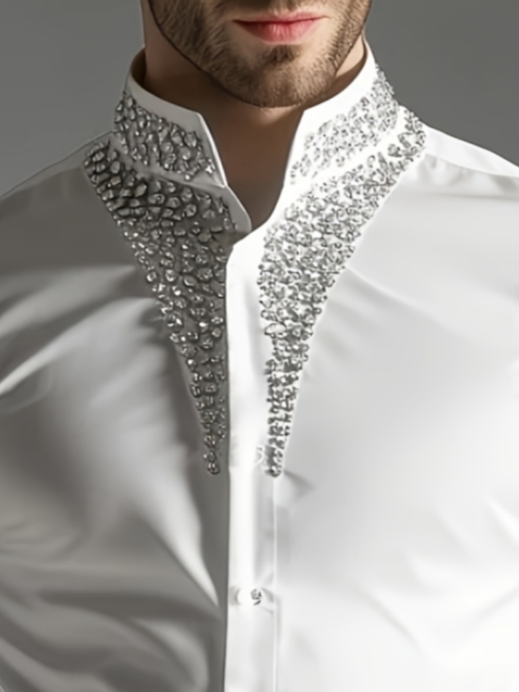 Camisa de Luxo com Strass para - Mandarin Collar Formal Shirt Slim Fit avaliação e preço