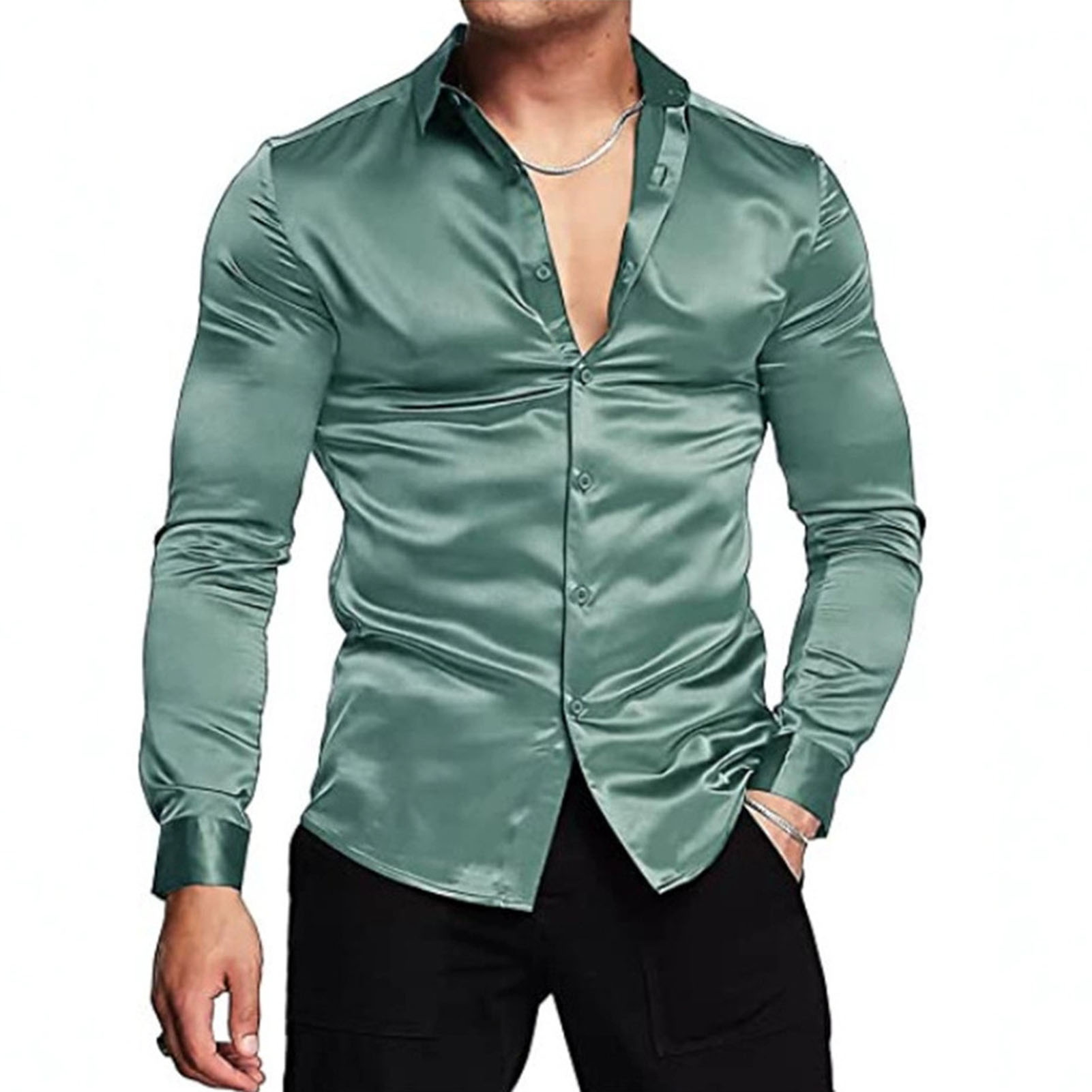 Primavera outono camisas de ce - Mens Satin Silk Dress Shirt avaliação e preço
